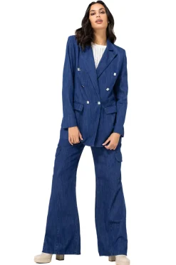 1816-24 / Licht Aansluitende Lange Soepele Jeansblazer Vrouwen Vesten